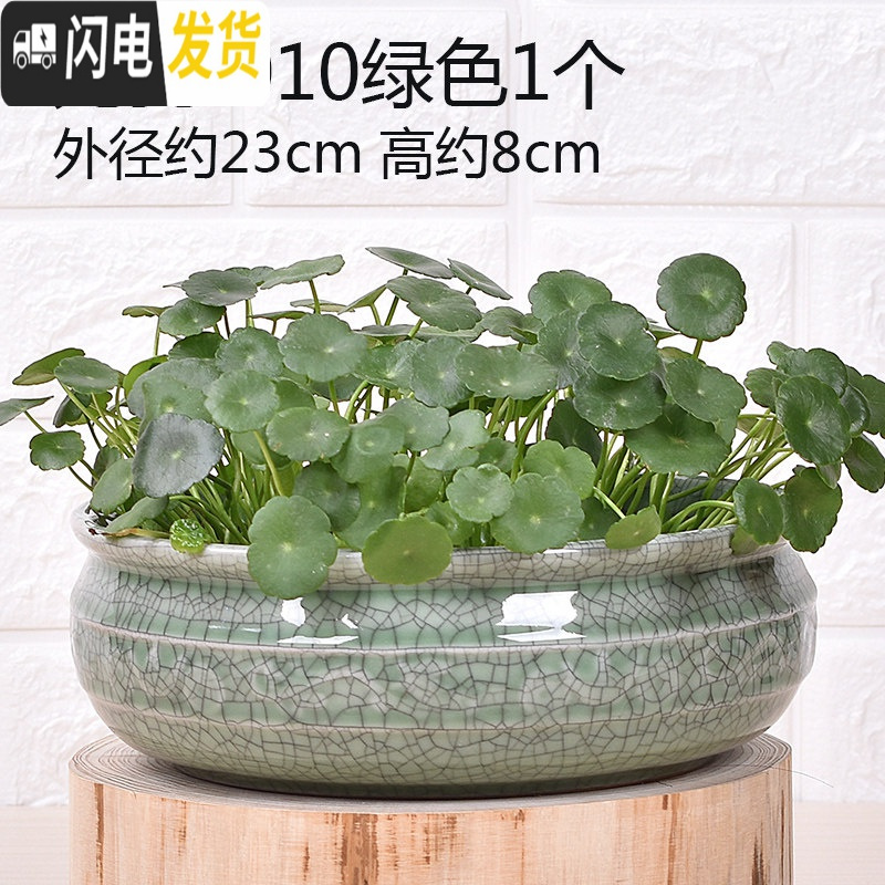 三维工匠无孔陶瓷水培花盆水仙铜钱睡莲荷花多肉特大号花盆 无孔-010绿色1个 中等花盆容器