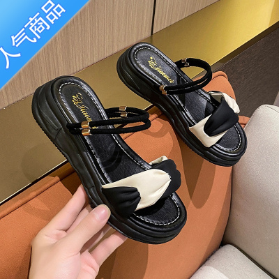 SUNTEK仙女小香风凉拖鞋女夏外穿2023新款厚底一字带两穿配裙子沙滩凉鞋