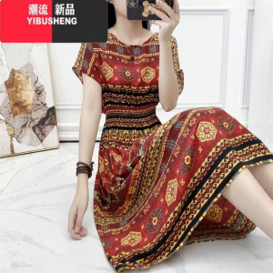 YIBUSHENG季民族风棉绸碎花连衣裙海边度假人造棉仙女裙大码印花中长裙子