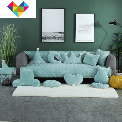 毛绒沙发垫家用冬防滑四季通用坐垫套罩三人座全盖扶手巾现代简约水晶绒-青色70cm*150cm适合垫子-御蓝锦