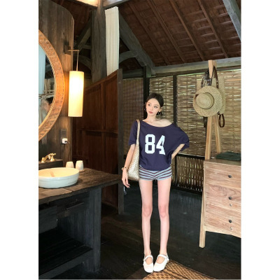 斜肩短袖T恤女2025夏季新款宽松美式辣妹chic半袖百搭学生上衣潮