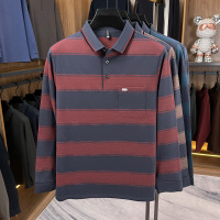 中年翻领色织条纹polo衫男秋季新款休闲假口袋男士打底衫