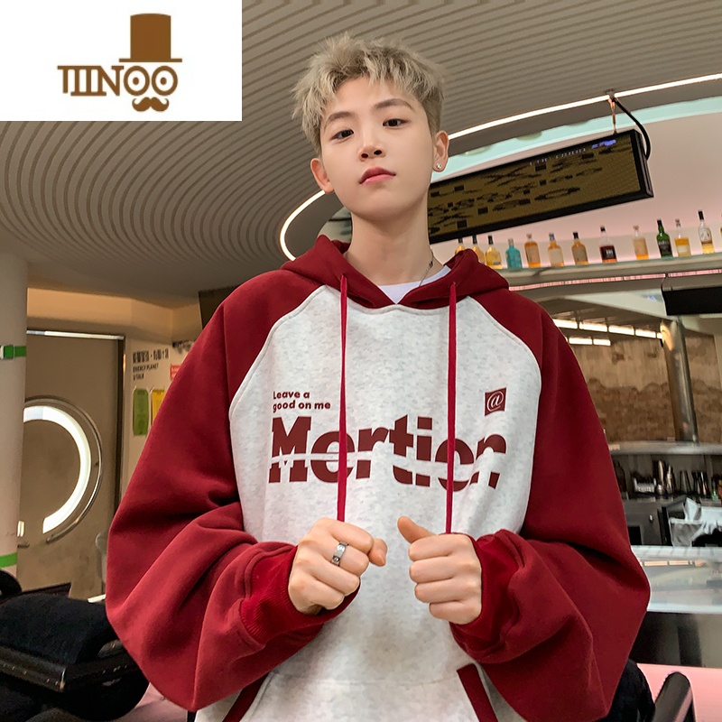 YANXU撞色插肩卫衣男2023秋季潮牌硬挺连帽美式复古hiphop外套上衣