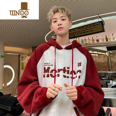 YANXU撞色插肩卫衣男2023秋季潮牌硬挺连帽美式复古hiphop外套上衣