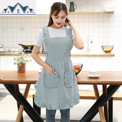 双层公主围裙女棉工作服日系时尚家用厨房棉麻做饭防水罩衣大人 三维工匠