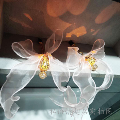 吉祥小炮夜灯发光肛塞宫铃铃铛可爱情趣精致肛塞SM女用惩罚肛塞乳夹套装粉色丝带金色宫铃乳夹