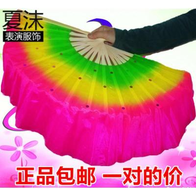 跳舞扇成人舞蹈扇子双面广场舞扇健身扇秧歌表演出竹骨打磨扇三维工匠18骨精品版绿黄玫飘头左右手一对