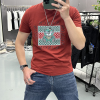 夏季新款丝光棉男士半袖时尚薄款短袖T恤烫钻小熊打底衫上衣潮ins