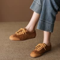 头层牛皮单鞋女2026春季新款绒皮系带平底复古圆头软底百搭豆豆鞋