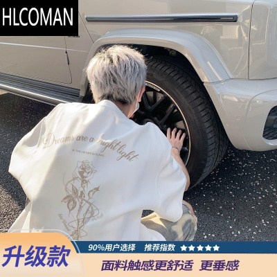 HLCOMAN白色短袖T恤男夏季美式潮流玫瑰印花宽松圆领五分袖上衣