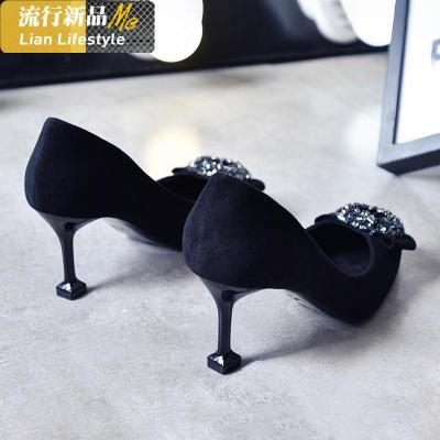 尖头水钻单鞋猫跟浅口细跟高跟鞋女2020新款31-33小码41-43大码知义(ZHIYI)休闲鞋