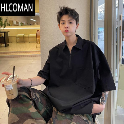 HLCOMAN@ 美式vintage半拉链polo衫男夏季痞帅工装翻领短袖t恤