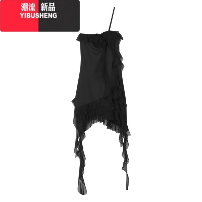 YIBUSHENG高级感一字肩吊带连衣裙女季不规则收腰裙子性感辣妹包臀裙短裙