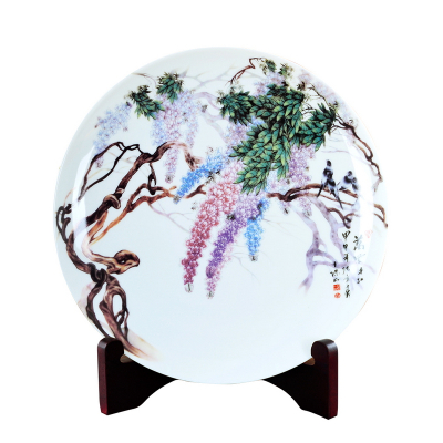 瓷拍景德镇陶瓷盘子装饰坐盘摆件万紫千红紫藤中式客厅玄关工艺挂盘