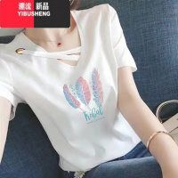 YIBUSHENG镂空v领短袖t恤女2024季新款大码宽松休闲显瘦印花体恤衫潮