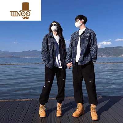 YANXU2023春季新款格纹情侣牛仔夹克外套韩版休闲百搭帅气潮流长袖上衣