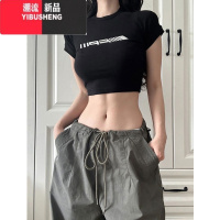 YIBUSHENG美式复古液态金属短袖t恤女设计感小众黑色正肩短款辣妹紧身上衣