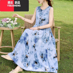 YIBUSHENG季无袖棉绸连衣裙女大码长款过膝新款洋气显瘦高级感背心吊带裙