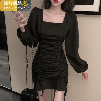 恋名媛大码女装初秋新款复古方领设计感抽绳连衣裙胖mm心机显瘦短裙子潮大码女装