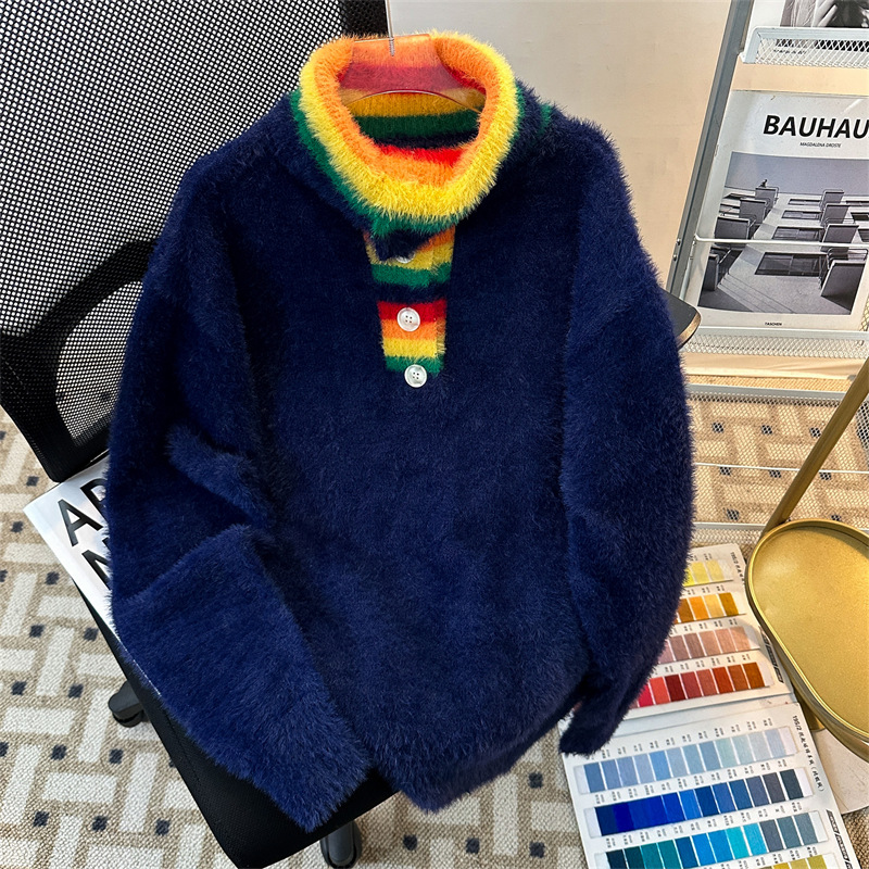 男装潮牌撞色保暖毛衣男彩虹高领慵懒风针织衫情侣款长袖上衣