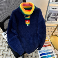 男装潮牌撞色保暖毛衣男彩虹高领慵懒风针织衫情侣款长袖上衣