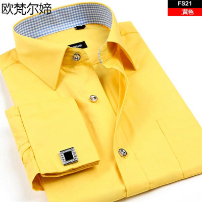 欧梵尔媂秋季商务法式衬衫男长袖修身格子领休闲黄色衬衣男寸衫袖扣款