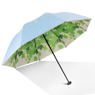 天堂伞伞遮阳伞女小清新黑胶双层防晒太阳伞晴雨伞折叠两用蓝色（树叶双层）
