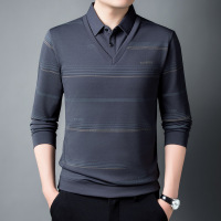 中老年条纹男士长袖T恤秋季新款假两件打底衫上衣商务休闲Polo衫