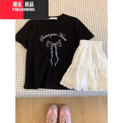 YIBUSHENG甜美小众蝴蝶结印花T恤女季2024新款正肩上衣韩版黑色短袖