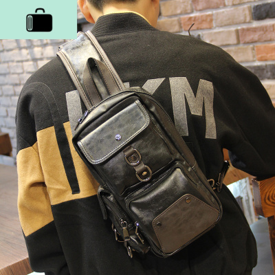 皮男士胸包2020新款时尚简约潮牌休闲小背包男包潮流单肩斜挎包NEW LAKE 黑色男士单肩包