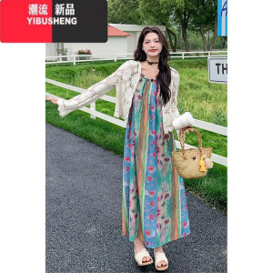 YIBUSHENG民族风套装波西米亚吊带连衣裙女季大码胖mm海边度假法式长裙