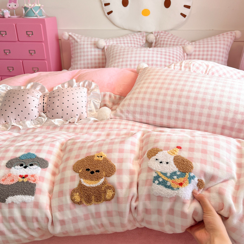 ins奶油风牛奶绒床上四件套毛巾绣 秋冬加厚珊瑚绒被套床单三件套