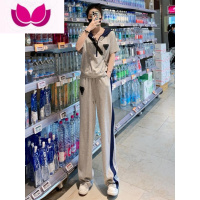 七斓减龄休闲运动套装女夏宽松时尚短袖洋气显瘦直筒阔腿长裤套潮