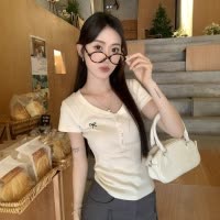 2025夏季辣妹纯欲蝴蝶结刺绣V领短袖T恤女修身显瘦百搭学生上衣潮