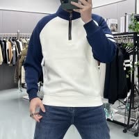 秋冬季新款男士百搭立领加绒套头卫衣上衣拼接织带宽松时尚半拉链