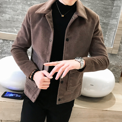 HLCOMAN秋冬季翻领短款小风衣男韩版休闲仿貂绒夹克外套帅气潮流毛呢大衣风衣