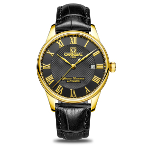 新款正品嘉年华Carnival手表男士全自动机械表 男表时尚防水真皮带休闲男表单日历力洛克表盘罗马刻度8605