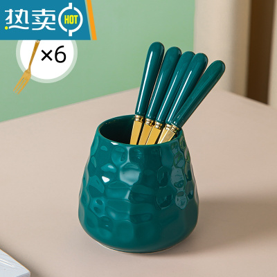 敬平水果叉子儿童安全水果签套装高端不锈钢收纳罐高颜值可爱轻奢网红 墨绿色-收纳罐+6金色叉