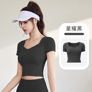 新款瑜伽短袖高弹修身免穿文胸跑步瑜伽服T恤