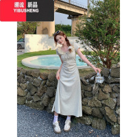 YIBUSHENG蕾丝拼接系带短袖连衣裙女季温柔风法式气质显瘦收腰A字长裙子