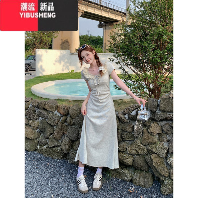 YIBUSHENG蕾丝拼接系带短袖连衣裙女季温柔风法式气质显瘦收腰A字长裙子