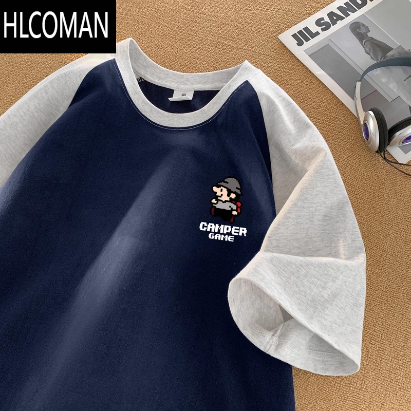 HLCOMAN日系港风插肩短袖宽松ins卡通动漫男款T恤夏创意百搭潮牌半袖