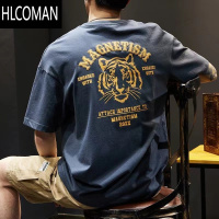 HLCOMAN夏季美式复古虎头潮牌短袖t恤男宽松大码男士老虎半袖潮