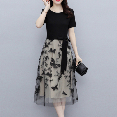 旗舰特卖-假两件套短袖网纱连衣裙女夏大码女装2021年新款妈妈裙子大码遮肚娅洛尔