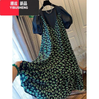 YIBUSHENG法式简约泡泡袖拼接爱心假两件连衣裙长裙子雪纺宽松休闲微胖新款