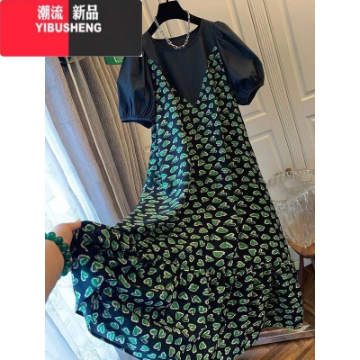YIBUSHENG法式简约泡泡袖拼接爱心假两件连衣裙长裙子雪纺宽松休闲微胖新款