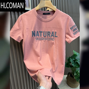HLCOMAN2025夏季新款网红t恤男短袖时尚个性刺绣修身休闲上衣服t