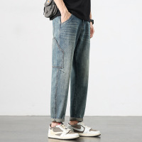 重工大口袋拼接工装牛仔裤男 做旧水洗宽松直筒 潮牌街头休闲长裤