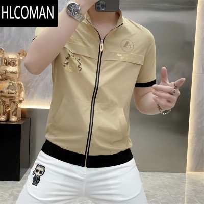 HLCOMAN夏季拉链开衫短袖男士冰丝休闲衬衫印花立领轻薄透气潮流半袖