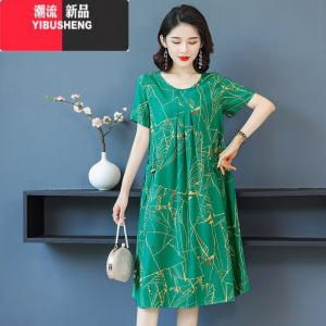 YIBUSHENG新款妈妈装季棉绸女装连衣裙宽松遮肚中老年短袖碎花有口袋裙子